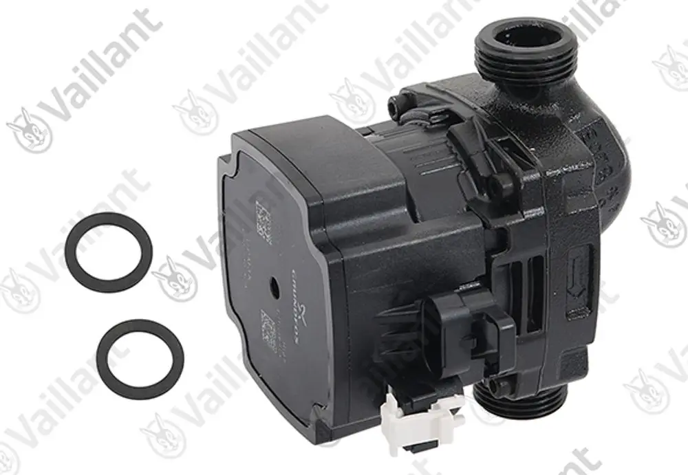 Vaillant Pumpe mit zwei O-Ringen, bietet Anschlussmöglichkeiten für hydraulische Systeme, schwarze Kunststoffausführung.